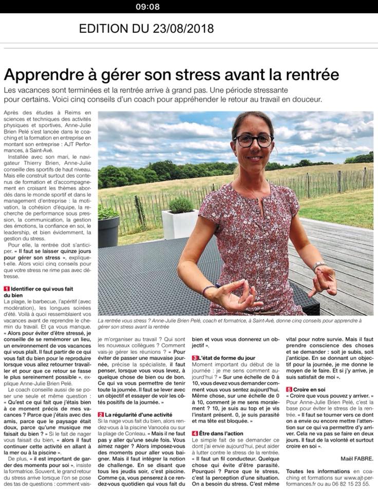 Ouest France 23/08/2018 - Apprendre à gérer son stress à la rentrée